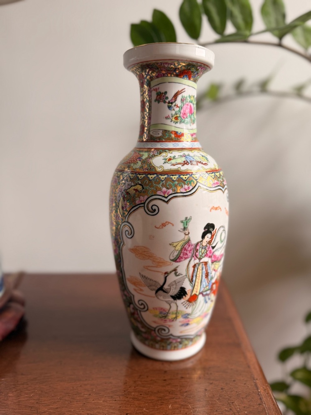 Famille Rose Hand-Painted Chinese Porcelain Vase with Crane and Figure Motif